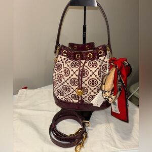 Tory Burch Monogram Chenille Mini Drawstring Bucket Bag, NWT